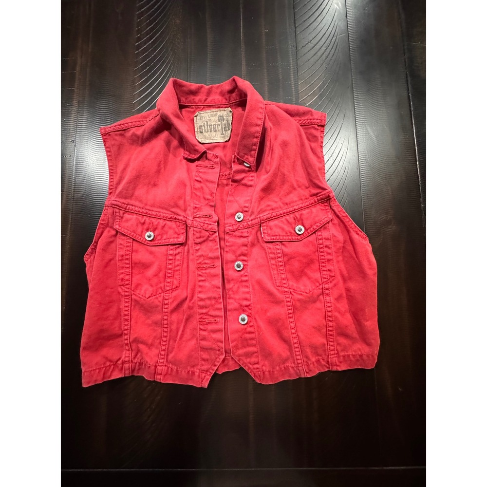 Levis SilverTab Red Denim Vest Sleeveless Trucker Jacket Cinch Back Women Small